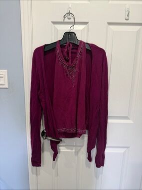 le chateau Plum Beaded Knit Cardigan Set